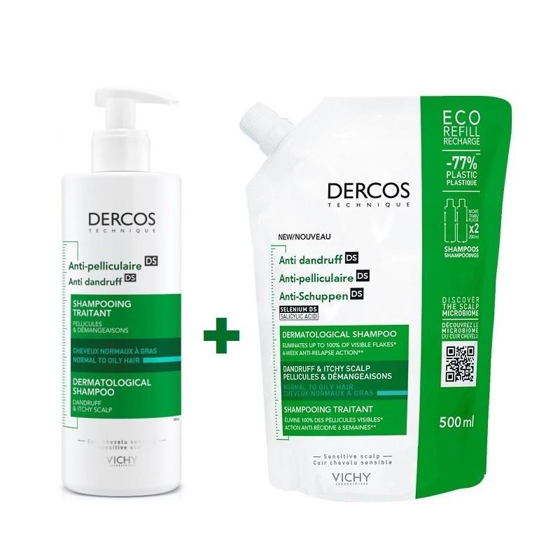 Dercos Champú Anticaspa DS Cabello normal a graso 390ml + Recarga 500ml. Vichy
