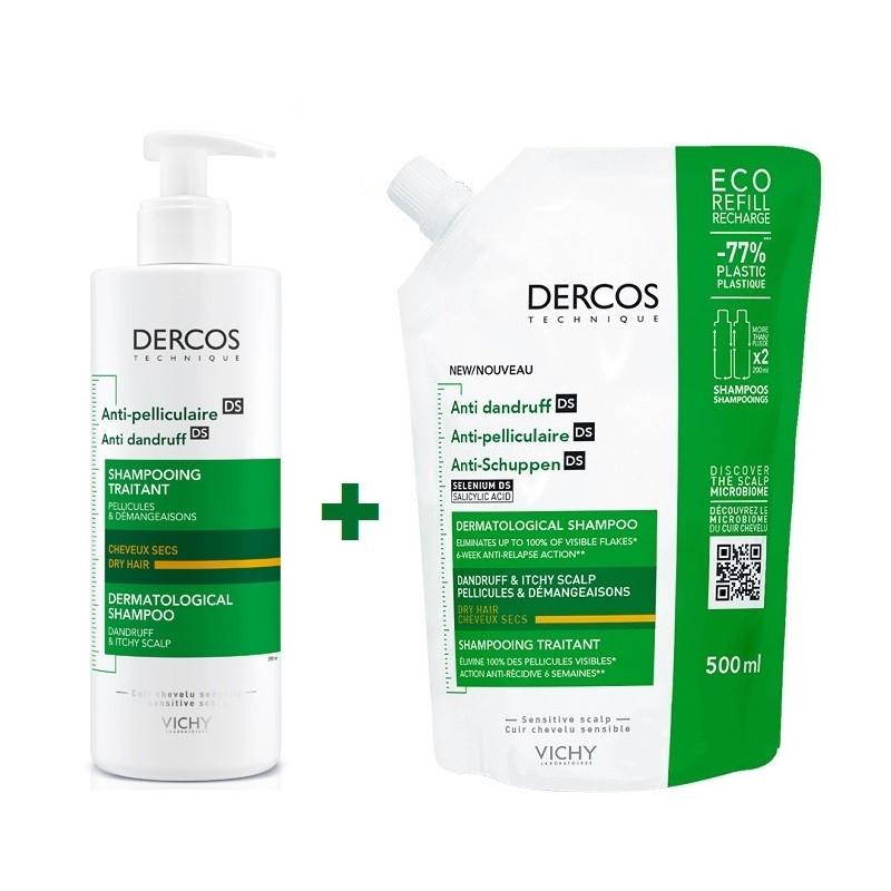 Dercos Champú Anticaspa DS Cabello seco 390ml + Recarga 500ml. Vichy